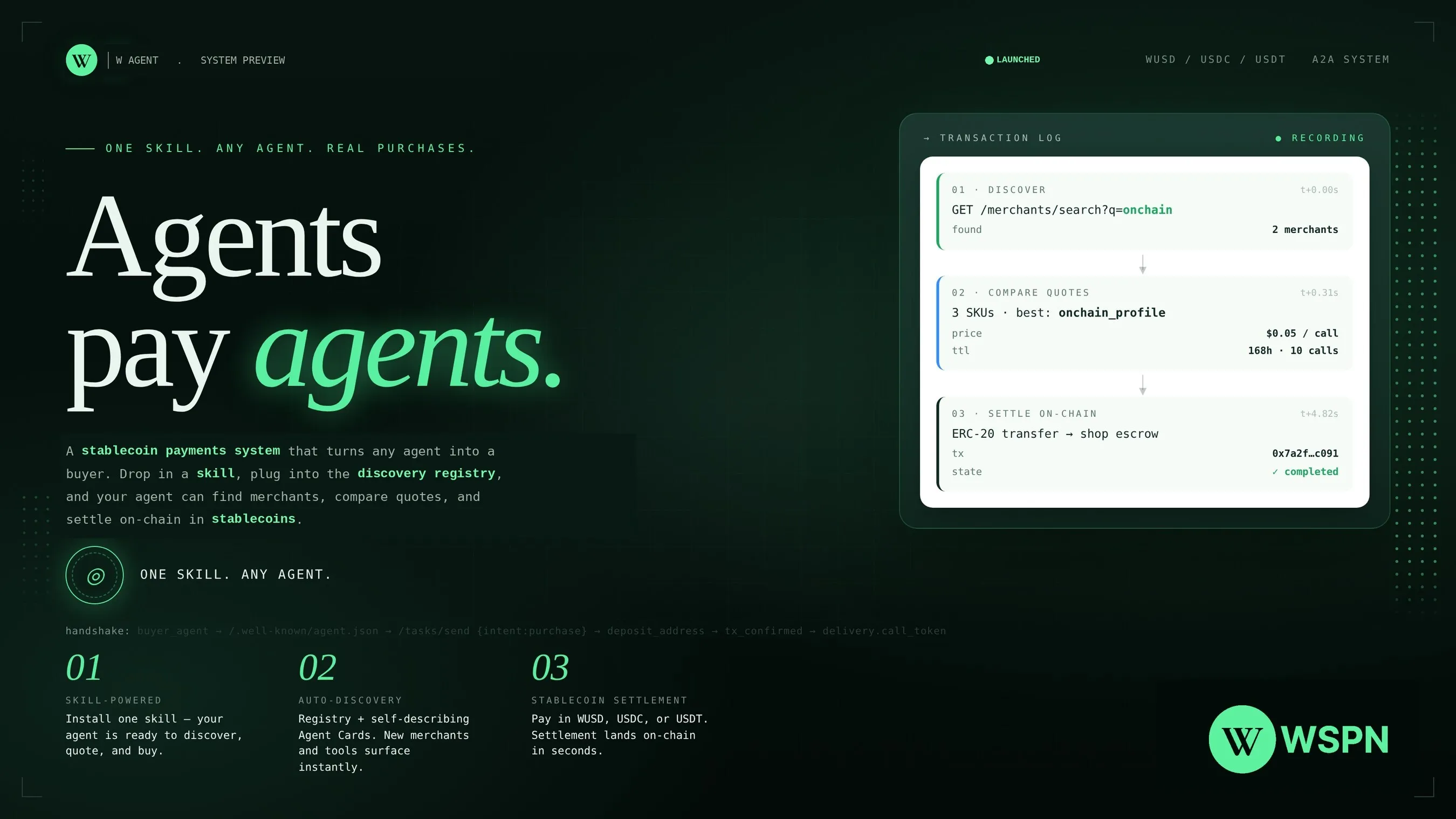 WSPN Launches W Agent: A Stablecoin Payment Skill Built for the AI Agent Economy